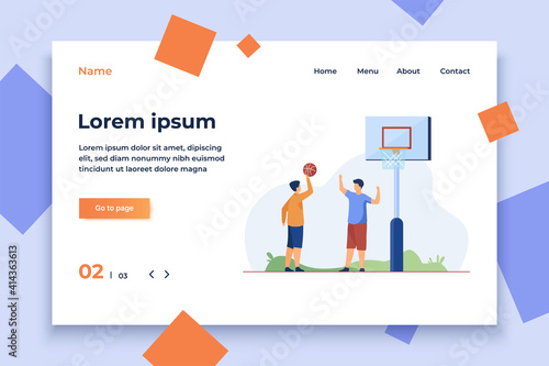 Teenagers playing basketball on street. Ball, boy, friend flat vector illustration. Sport game and summer activity concept for banner, website design or landing web page