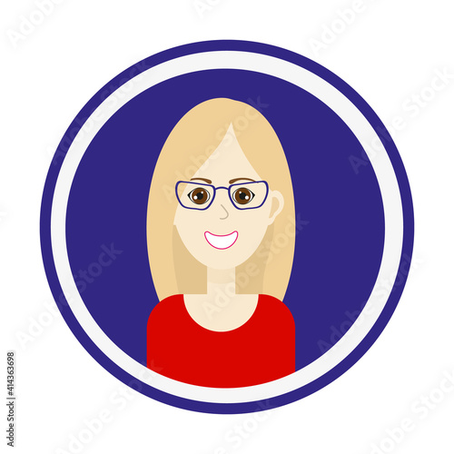 Female avatar. Cute woman portrait on blue background. Smiling girl face with blond long hair, brown eyes and glasses. Isolated vector illustration.