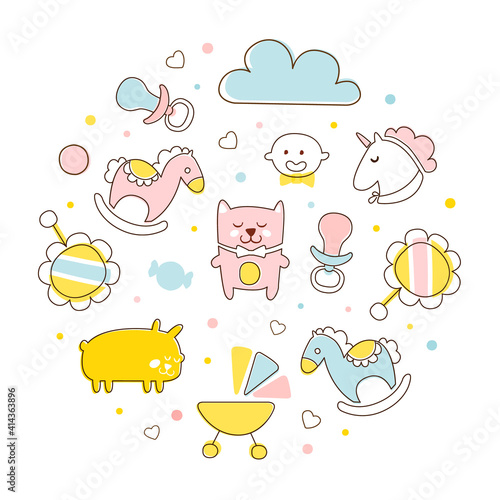 Cute Baby Toys in Pastel Colors of Circular Shape, Baby Store Banner, Flyer, Brochure, Book Cover, Poster, Iinvitation, Design Cartoon Vector Illustration