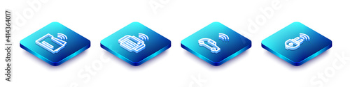 Set Isometric line Smart printer, , car system with wireless and electric plug icon. Vector.