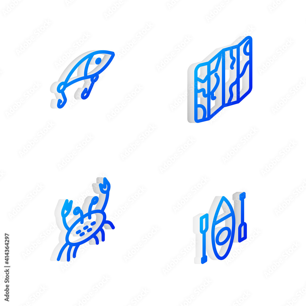 Set Isometric line Folded map, Fishing lure, Crab and Kayak or canoe icon. Vector. Set Isometric line Folded map, Fishing lure, Crab and Kayak or canoe icon. Vector.