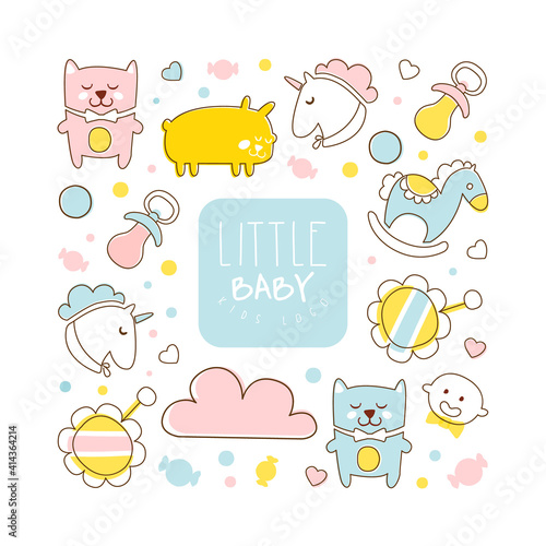 Little Baby Banner, Baby Store Flyer, Brochure, Book Cover, Poster, Iinvitation, Templates Design in Pastel Colors Cartoon Vector Illustration