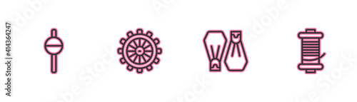 Set line Fishing float, Rubber flippers for swimming, Ship steering wheel and Spinning reel fishing icon. Vector.