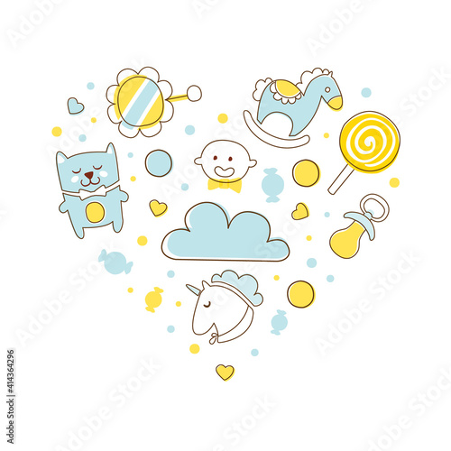 Cute Baby Toys in Pastel Colors of Heart Shape, Baby Store Banner, Flyer, Brochure, Book Cover, Poster, Iinvitation, Design Cartoon Vector Illustration