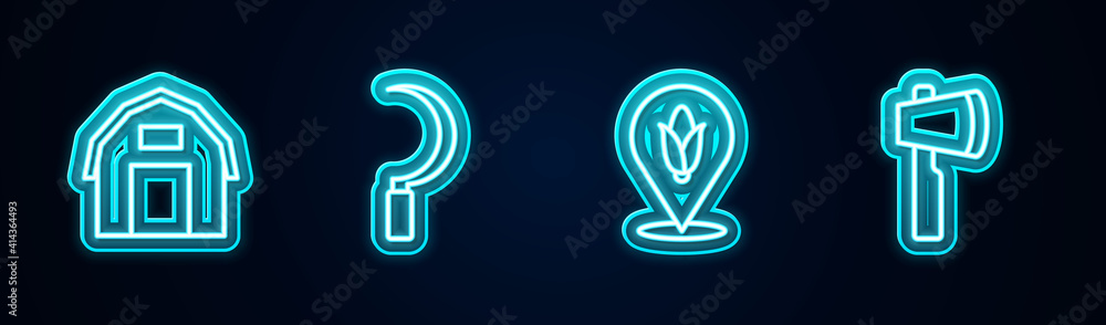 Set line Farm house, Sickle, Location corn and Wooden axe. Glowing neon icon. Vector. Set line Farm house, Sickle, Location corn and Wooden axe. Glowing neon icon. Vector.
