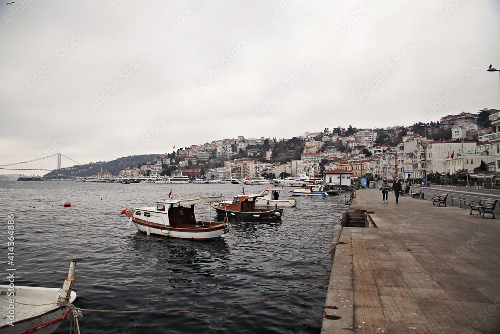 Fototapeta premium A view from Bosphorus street with bridge and ships