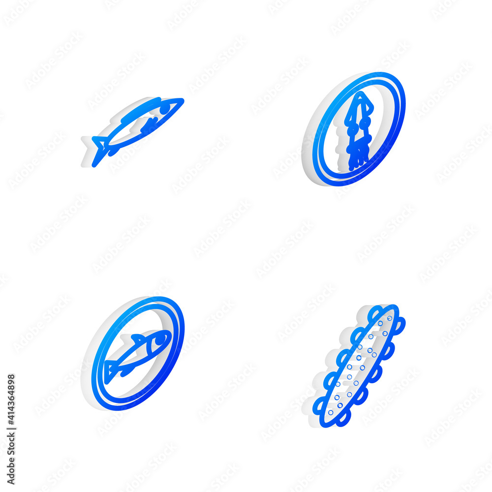 Fototapeta premium Set Isometric line Octopus on a plate, Fish, Served fish and Sea cucumber icon. Vector.