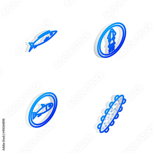 Set Isometric line Octopus on a plate, Fish, Served fish and Sea cucumber icon. Vector.
