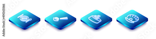 Set Isometric line Served cucumber on a plate, Sushi, Tin can with caviar and Shell pearl icon. Vector.