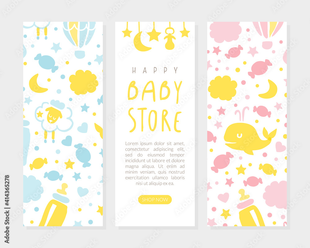 Happy Baby Store Card Templates Set, Kid Products and Accessories Flyer, Brochure, Book Cover, Poster, Iinvitation, in Pastel Colors Cartoon Vector Illustration