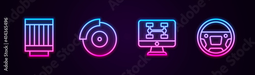 Set line Car air filter, brake disk with caliper, Diagnostics condition of car and Steering wheel. Glowing neon icon. Vector.