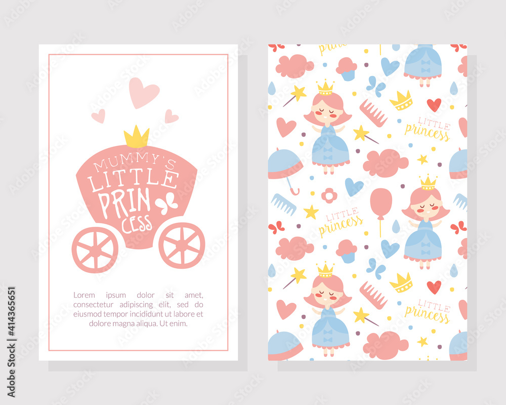 Fototapeta premium Mummy Little Princess Card Template, Baby Girl Shower or Birthday Party Banner, Poster, Iinvitation, with Cute Childish Seamless Pattern Design Cartoon Style Vector Illustration