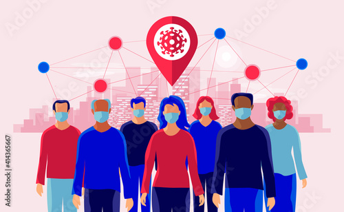 Group of people in network mobility wearing protection medical face mask to protect and prevent virus, disease, flu, air pollution. Old man woman standing. Vector illustration with urban city skyline.