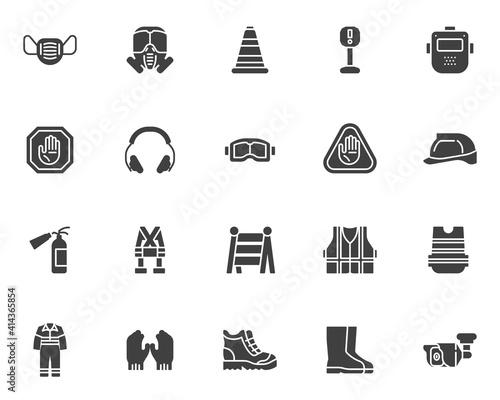 Safety workwear vector icons set, mandatory modern solid symbol collection, filled style pictogram pack. Signs, logo illustration. Set includes icons as safety helmet, work shoes, face mask, coverall