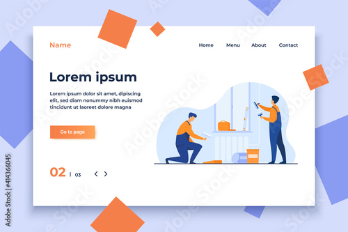 Renovation workers repairing apartment. Repairmen in overalls decorating and painting walls. Vector illustration for excursion, people and culture concept