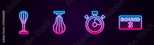 Set line Punching bag, , Stopwatch and Boxing ring board. Glowing neon icon. Vector.