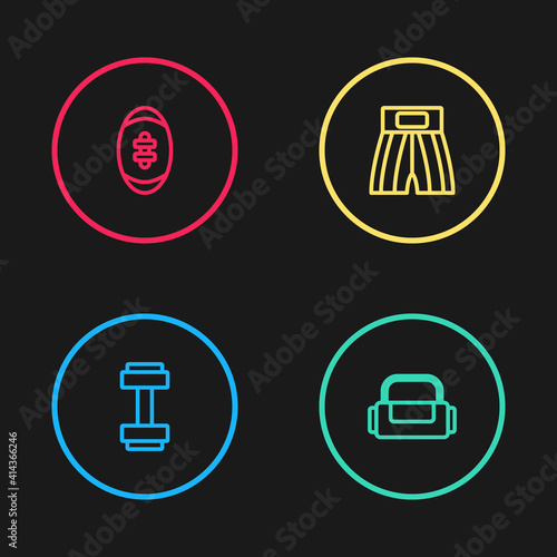 Set line Dumbbell, Sport bag, Boxing short and American Football ball icon. Vector.