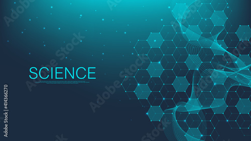 Molecular abstract structure and genetic engineering, healthcare and medicine background. Scientific research background. Wave flow, innovation pattern. Vector illustration.