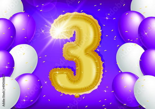 
3rd year anniversary design with balloons and shiny confetti, design elements for banner, postcard, poster and invitation card. Realistic 3d vector
