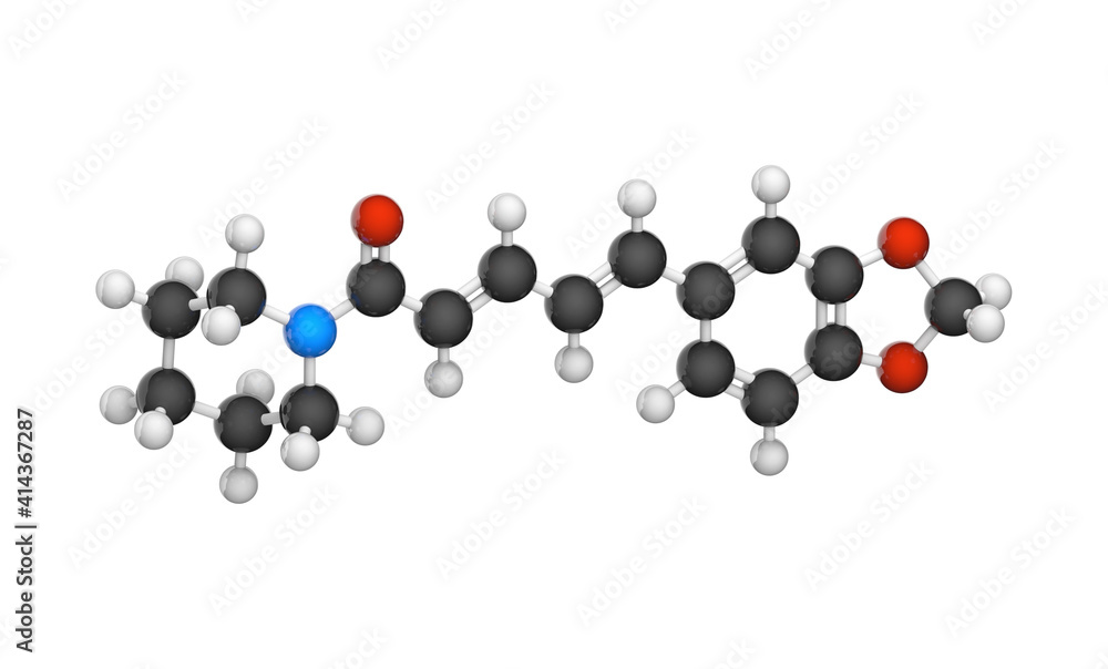 Piperineis the alkaloid responsible for the pungency of black pepper and long pepper. C17H19NO3. Chemical structure model: Ball and Stick. 3D illustration. Isolated on white background. Piperineis the alkaloid responsible for the pungency of black pepper and long pepper. C17H19NO3. Chemical structure model: Ball and Stick. 3D illustration. Isolated on white background.