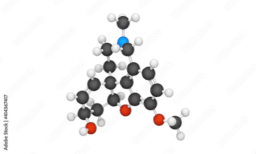 Galantamine (Razadyne, Reminyl), is used for the treatment of cognitive decline in mild to moderate Alzheimer's disease. C17H21NO3. Chemical structure model: Ball and Stick. 3D illustration. Galantamine (Razadyne, Reminyl), is used for the treatment of cognitive decline in mild to moderate Alzheimer's disease. C17H21NO3. Chemical structure model: Ball and Stick. 3D illustration.