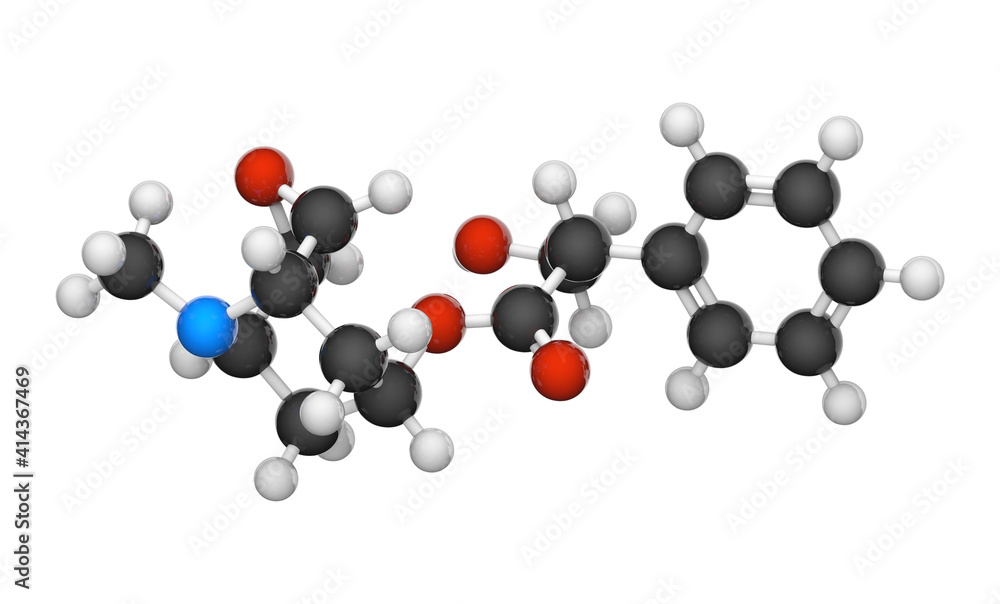 Scopolamine, also known as Hyoscine, is a medication used to treat motion sickness. Formula: C17H21NO4. Chemical structure model: Ball and Stick. 3D illustration. Isolated on white background. Scopolamine, also known as Hyoscine, is a medication used to treat motion sickness. Formula: C17H21NO4. Chemical structure model: Ball and Stick. 3D illustration. Isolated on white background.