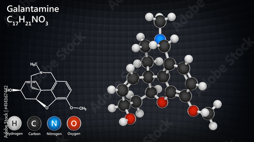 Galantamine (Razadyne, Reminyl), is used for the treatment of cognitive decline in mild to moderate Alzheimer's disease. C17H21NO3. Chemical structure model: Ball and Stick. 3D illustration.  photo