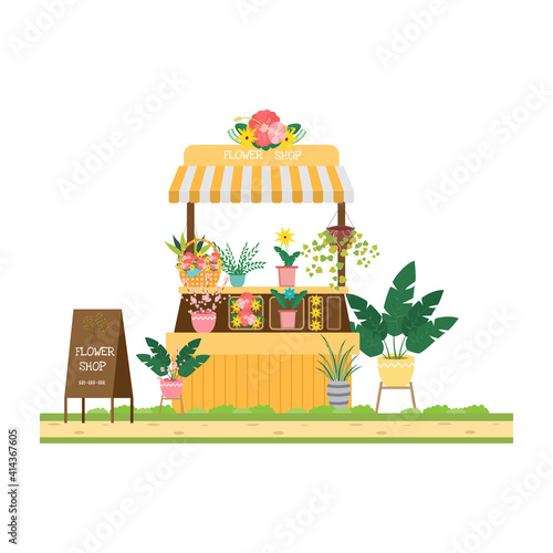 Flower shop with plants and flower for sell. Vector illustration.