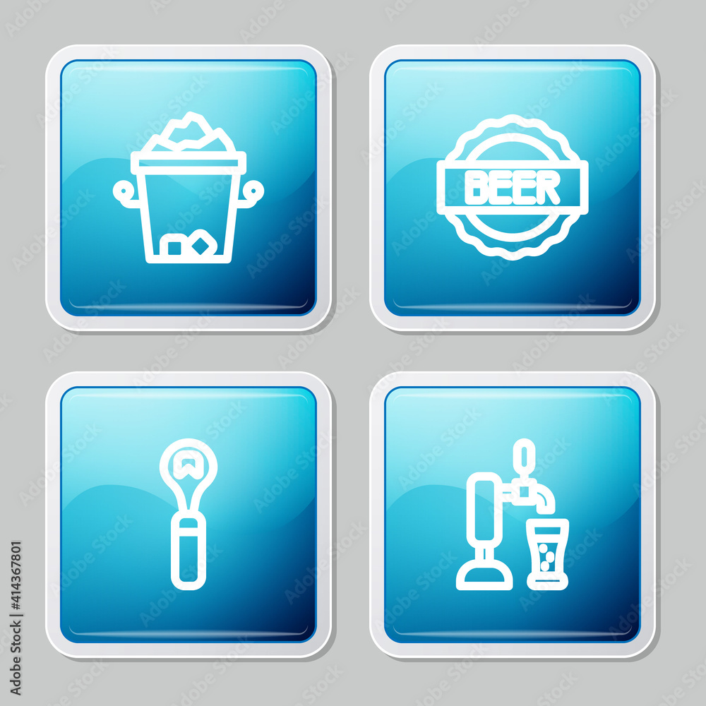 Set line Ice bucket, Bottle cap with beer, opener and Beer tap glass icon. Vector. Set line Ice bucket, Bottle cap with beer, opener and Beer tap glass icon. Vector.