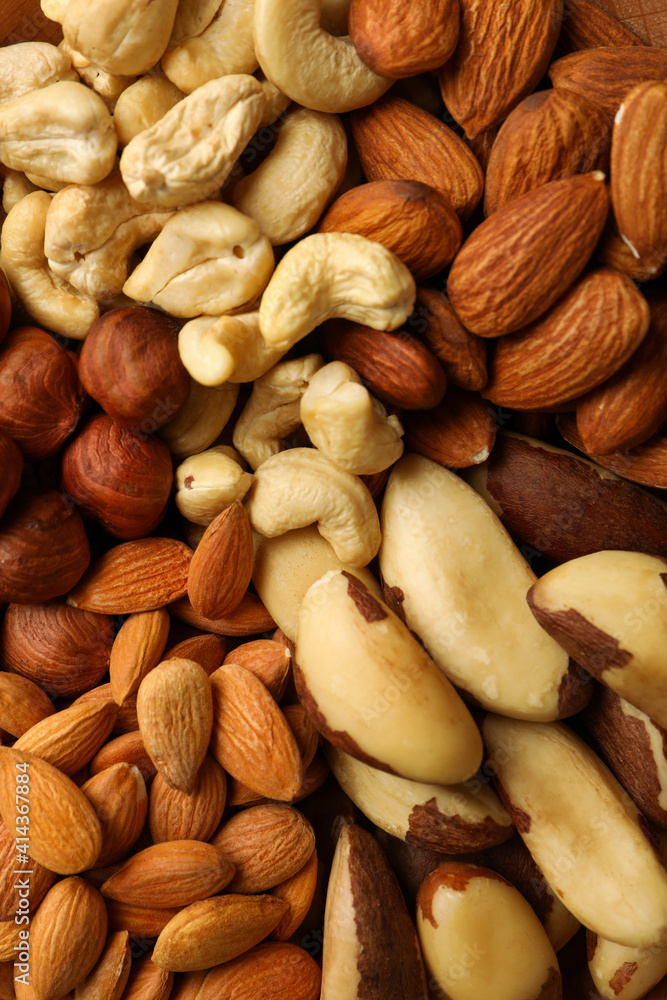 Different nuts on whole background, close up Different nuts on whole background, close up
