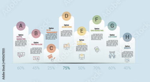 Infographic Digital Marketing template. Icons in different colors. Include Digital Marketing, Pay Per Click, Blog Management, Advertising and others.