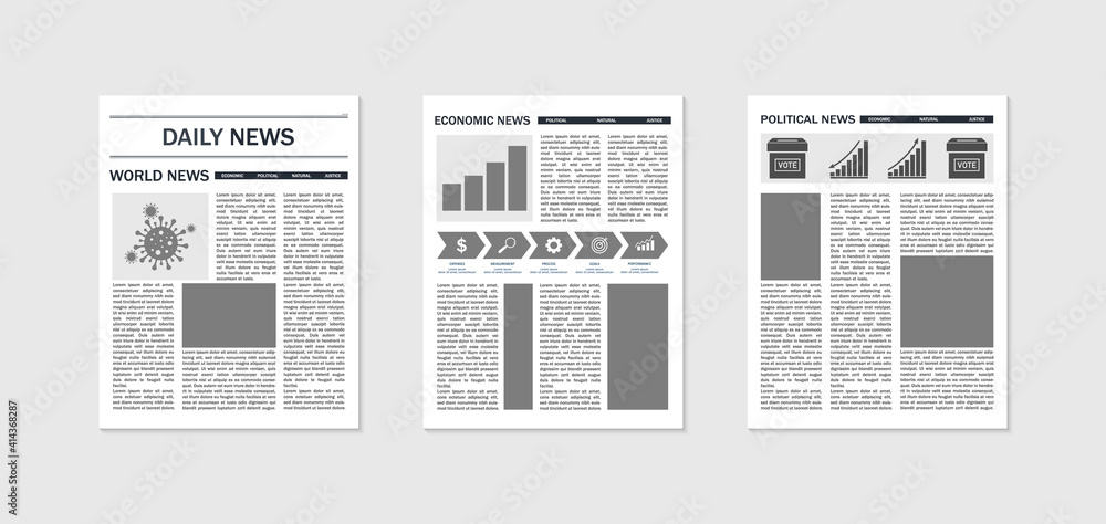 Newspaper mockup. Template of news and magazines. Paper page of journal with article, column and headline. Tabloid in front for text. Design of layout for editorial press. Media content. Vector