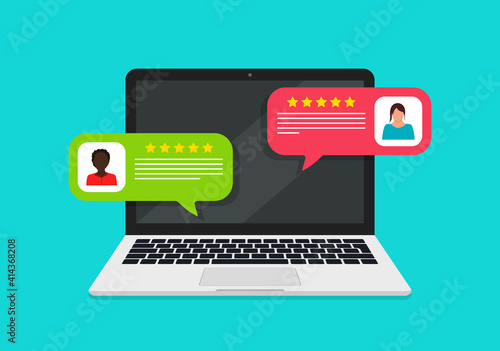 Online bubble chat with review and feedback of customer. Reputation and rating in laptop. Opinion and feedback of user. Profile with experience and rating on computer in website. Social icon. Vector