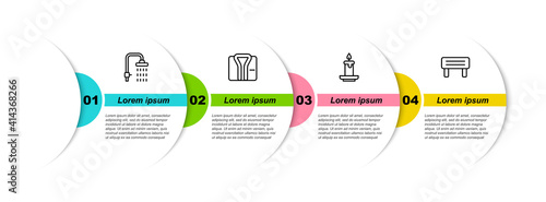 Set line Shower, Bathrobe, Aroma candle and Sauna wood bench. Business infographic template. Vector.