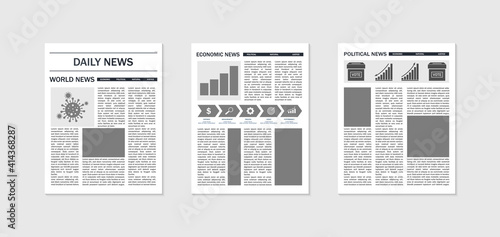Newspaper mockup. Template of news and magazines. Paper page of journal with article, column and headline. Tabloid in front for text. Design of layout for editorial press. Media content. Vector