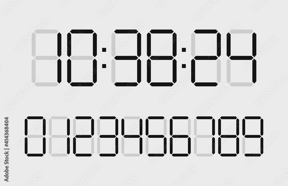 Digital time clock. Numbers for timer, calculator and watch display
