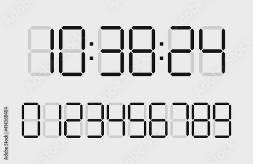 Digital time clock. Numbers for timer, calculator and watch display. Font of digit for counter. Black numbers isolated on white board. Type of digits for countdown. Web graphic for clock. Vector