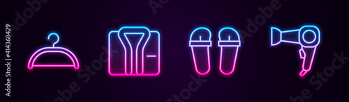 Set line Hanger wardrobe, Bathrobe, Flip flops and Hair dryer. Glowing neon icon. Vector.