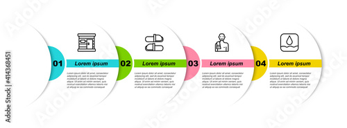 Set line Sauna wooden bathhouse, slippers, Man in the sauna and Water drop. Business infographic template. Vector.