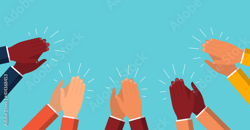 Clap of hand. Applause of people. Applaud and congratulations of success business. Great ovation from audience. Cartoon hands with claps. Sign of bravo, happy, appreciation, applaus. Vector photo