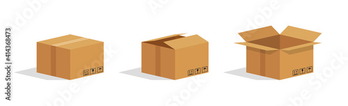 Cardboard box. Open and closed parcel. Isometric carton box. Brown package for goods. Paper cube for delivery and shipping. Mockup of gift in cartboard. 3d icon for shopping, supplies. Vector