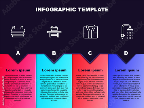 Set line Sauna bucket, bench with, Bathrobe and Shower. Business infographic template. Vector.