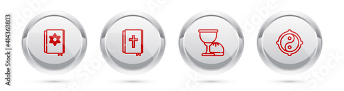 Set line Jewish torah book, Holy bible, grail chalice and Yin Yang. Silver circle button. Vector.