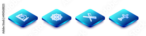 Set Isometric line Hindu spiritual temple, Dharma wheel, Holy book of Koran and Christian cross icon. Vector.