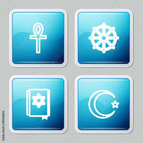 Set line Cross ankh, Dharma wheel, Jewish torah book and Star and crescent icon. Vector.
