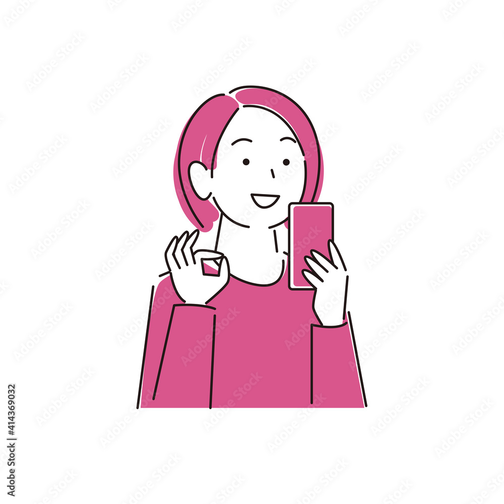 スマートフォンを操作している笑顔の女性 シンプル イラスト ベクター Smile woman operating a smartphone Simple illustration vector スマートフォンを操作している笑顔の女性 シンプル イラスト ベクター Smile woman operating a smartphone Simple illustration vector