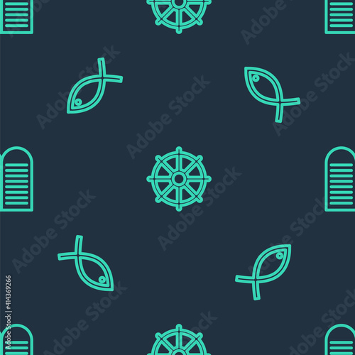Set line Dharma wheel, Christian fish and The commandments on seamless pattern. Vector.