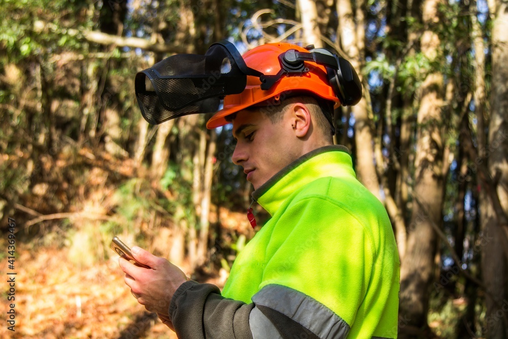 forest worker or lumberjack using mobile phone in forest forest worker or lumberjack using mobile phone in forest