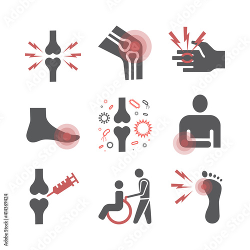 Arthritis. Symptoms, Treatment. Flat icons set. Vector signs for web graphics.