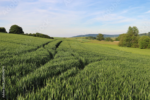 Green fields in rural Germany near the village of Potzbach on a spring day.